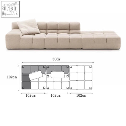 Beige tufted gemma three seater modular sofa with minimalist design in linen velvet for stylish living rooms