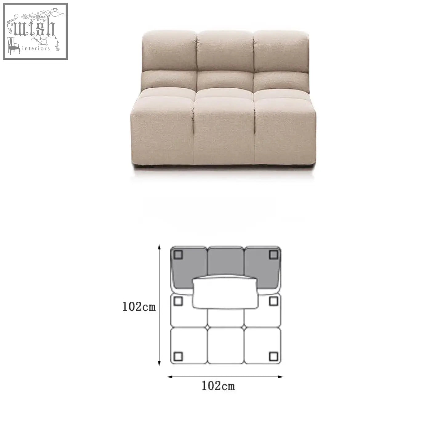 Beige upholstered gemma three seater modular sofa with linen velvet fabric and segmented cushioned design