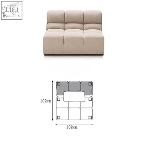Beige upholstered gemma three seater modular sofa with linen velvet fabric and segmented cushioned design