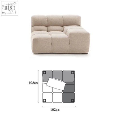 Beige gemma three seater modular sofa with soft linen velvet fabric and blocky l-shaped cushions