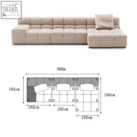 Beige gemma three seater modular sofa with tufted cushions and matching throw pillow in linen velvet