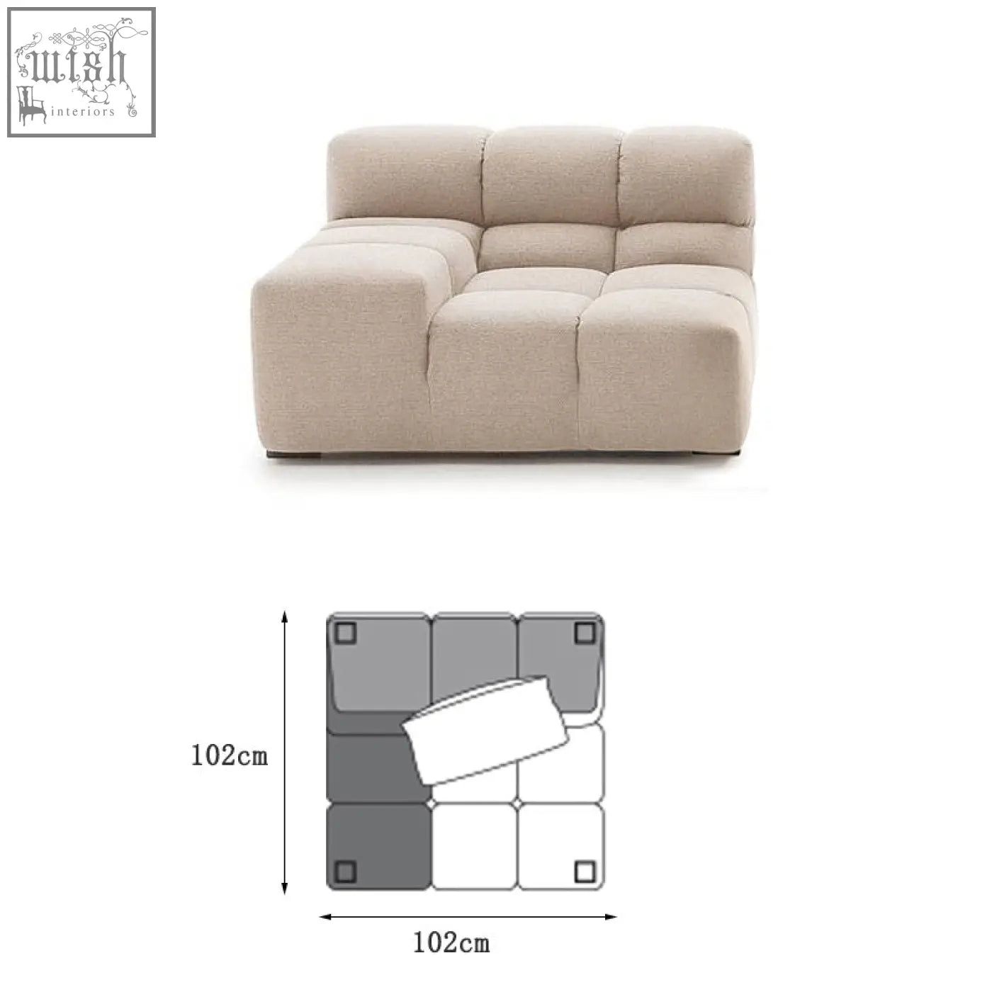 Beige gemma three seater modular sofa with textured linen velvet fabric and cube-like l-shaped cushions
