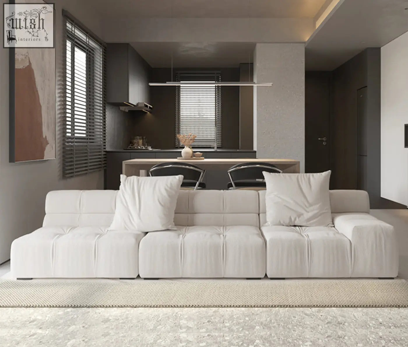 White tufted gemma three seater modular sofa with clean lines and plush linen velvet cushions
