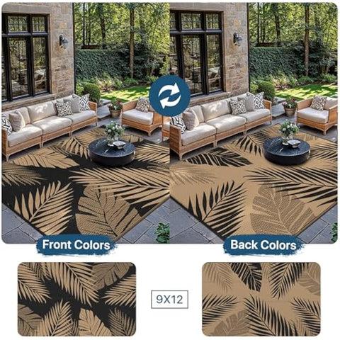 Outdoor rug genimo extra large waterproof reversible with tan and black tropical palm leaf pattern for patio and backyard