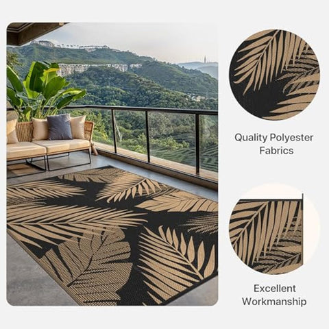 Black and tan palm leaf patterned genimo extra large waterproof outdoor rug made from polyester fabric for patios and gardens