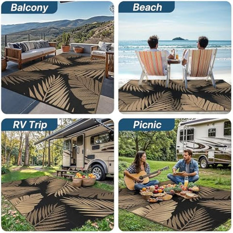 Brown and black palm leaf patterned genimo extra large waterproof outdoor rug perfect for garden patio or balcony