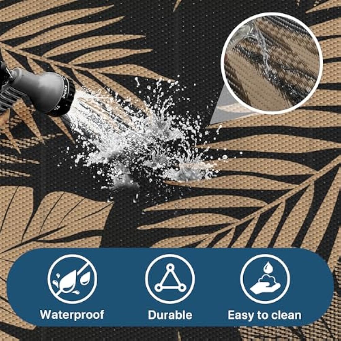 Black and tan palm leaf patterned extra large waterproof outdoor rug with woven texture for garden and patio use