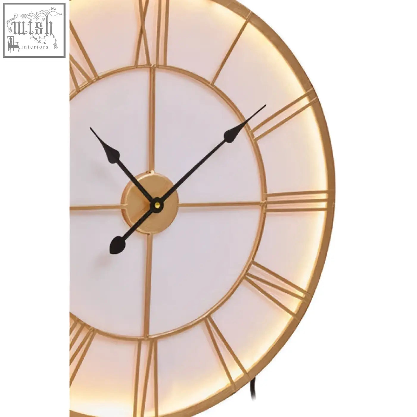 Genova small gold and white led wall clock with gold frame and illuminated roman numerals in minimalist design