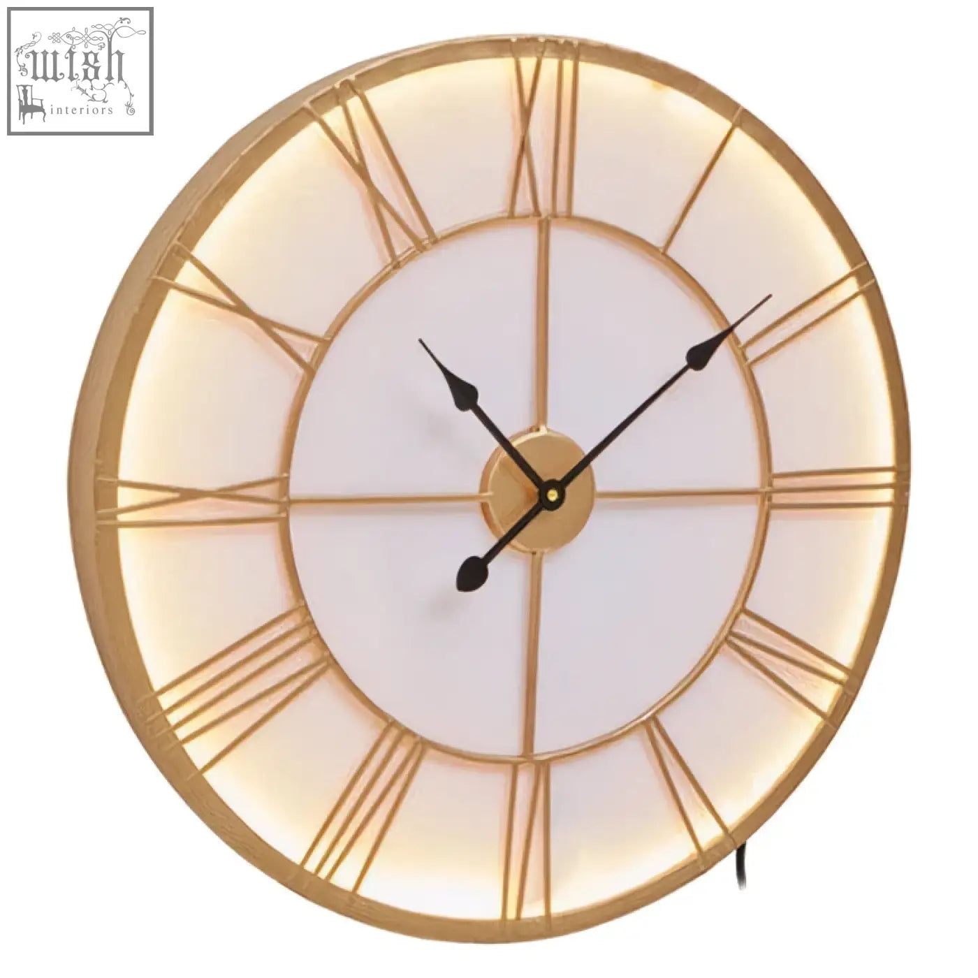 Genova small gold and white led wall clock with gold frame and illuminated roman numerals in minimalist design