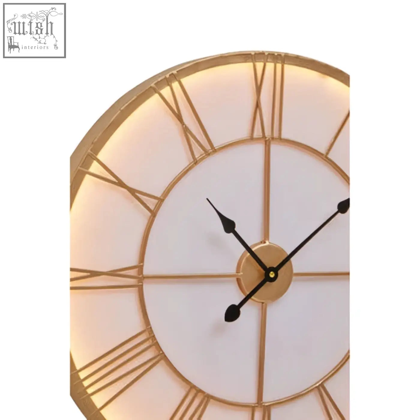 Genova small gold and white led wall clock with gold frame roman numerals and softly glowing white led face