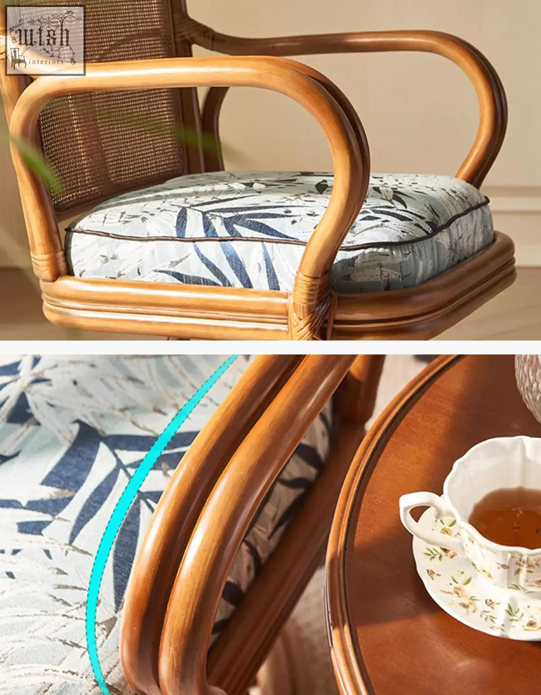 Gentry swivel rattan lounge chair with light brown curved frame and blue white leaf cushion perfect for relaxing with low shipping cost