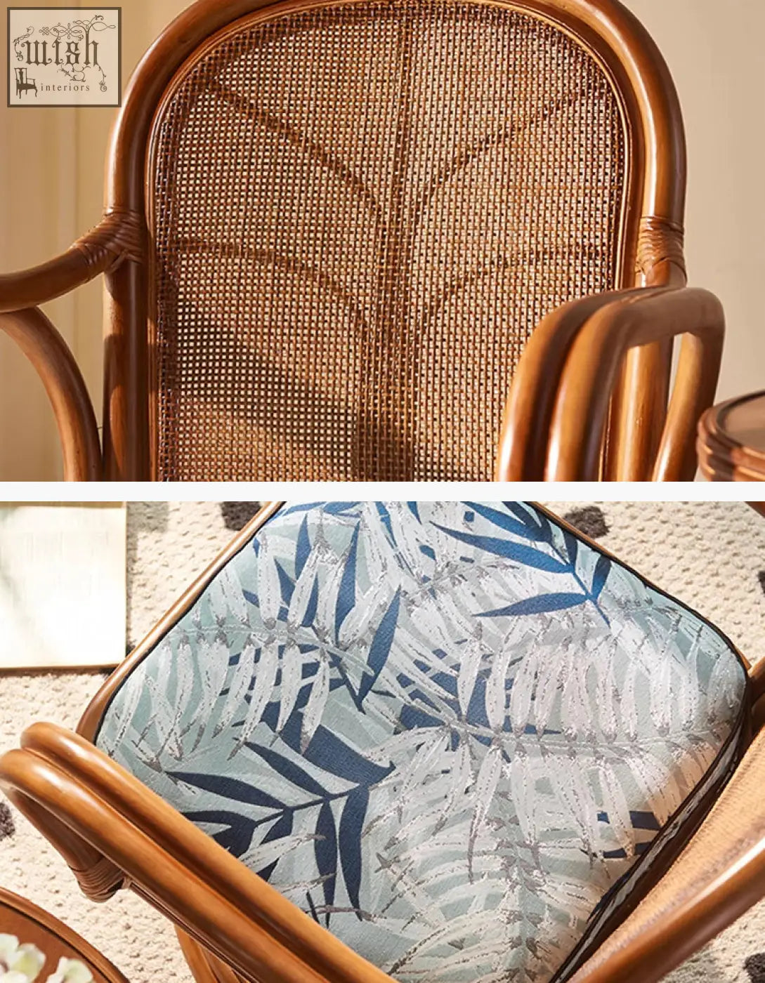 A gentry swivel rattan lounge chair with a blue and white leaf cushion on a wooden swivel rattan frame shipping cost included