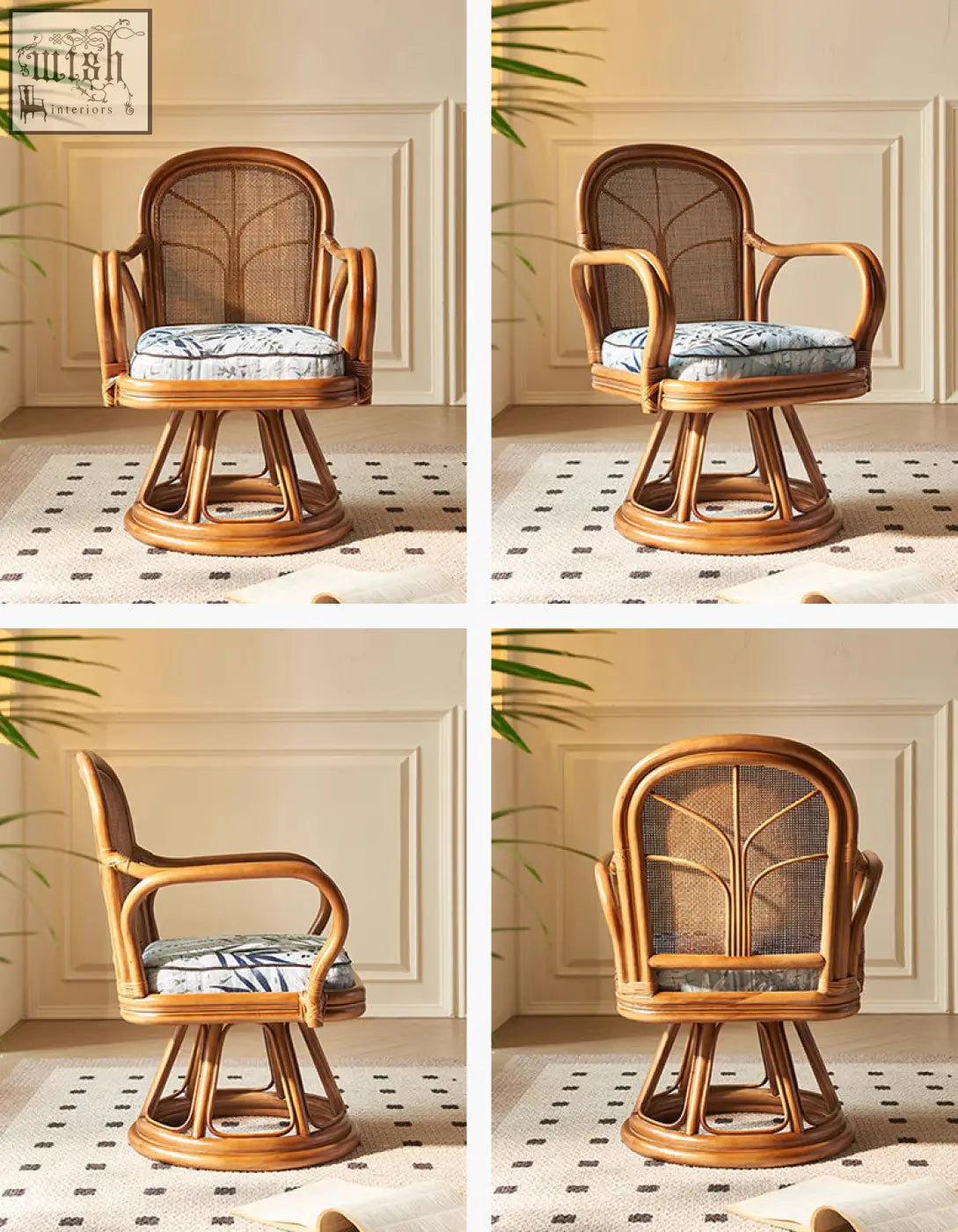 A light brown gentry swivel rattan lounge chair with woven back, curved armrests, and blue white cushioned seat with shipping cost info