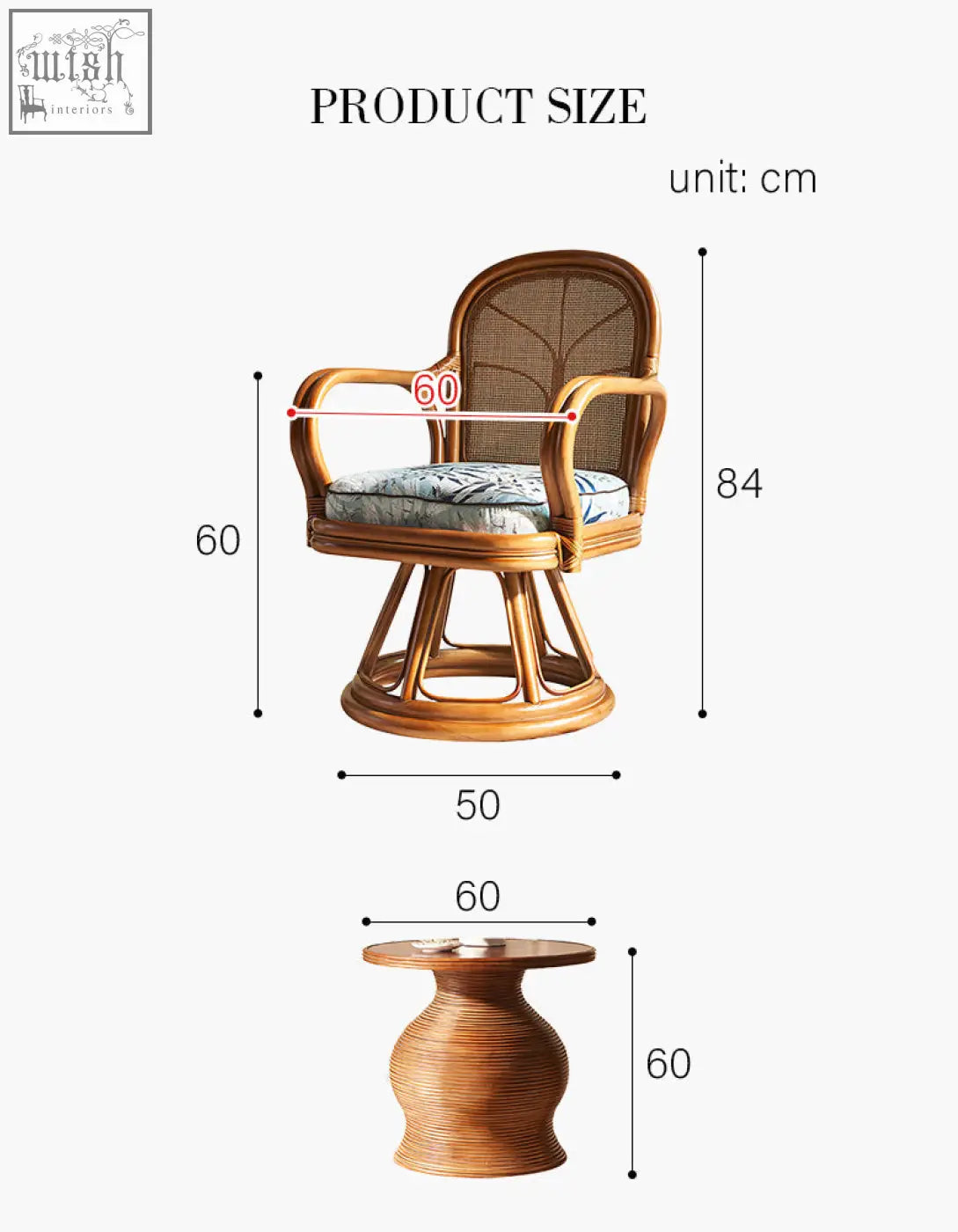 Gentry swivel rattan lounge chair with woven back curved arms and light blue patterned cushion perfect for relaxing