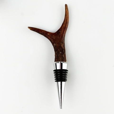 Brown genuine roe antler bottle stopper with silver metal base and black rubber seal for wine bottles