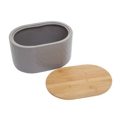 Geome grey bread bin in stoneware with bamboo lid perfect for storing bread fresh and stylishly