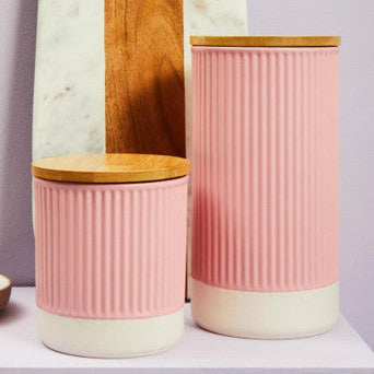 Pink ribbed ceramic geome pink 550ml storage canister with bamboo lid perfect for kitchen organization