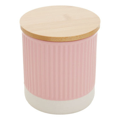 Pink ribbed ceramic geome pink 550ml storage canister with a light wood lid perfect for kitchen organization