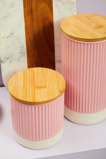 Pink 550ml storage canister geome pink 550ml ribbed ceramic with natural bamboo lid for kitchen storage