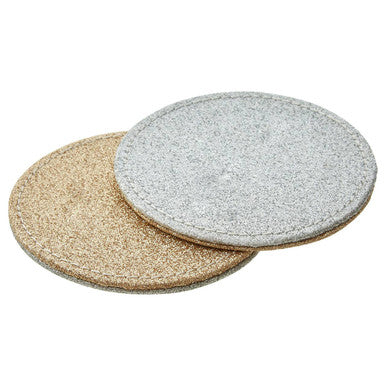 Two circular felt coasters in beige and gray with stitched edges from geome reversible gold and silver glitter coasters set