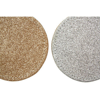 Two circular glitter coasters in reversible gold and silver perfect for stylish drink protection and decor