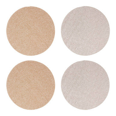 Four circular sanding discs in beige and light gray with textured surface for reversible gold and silver glitter placemats