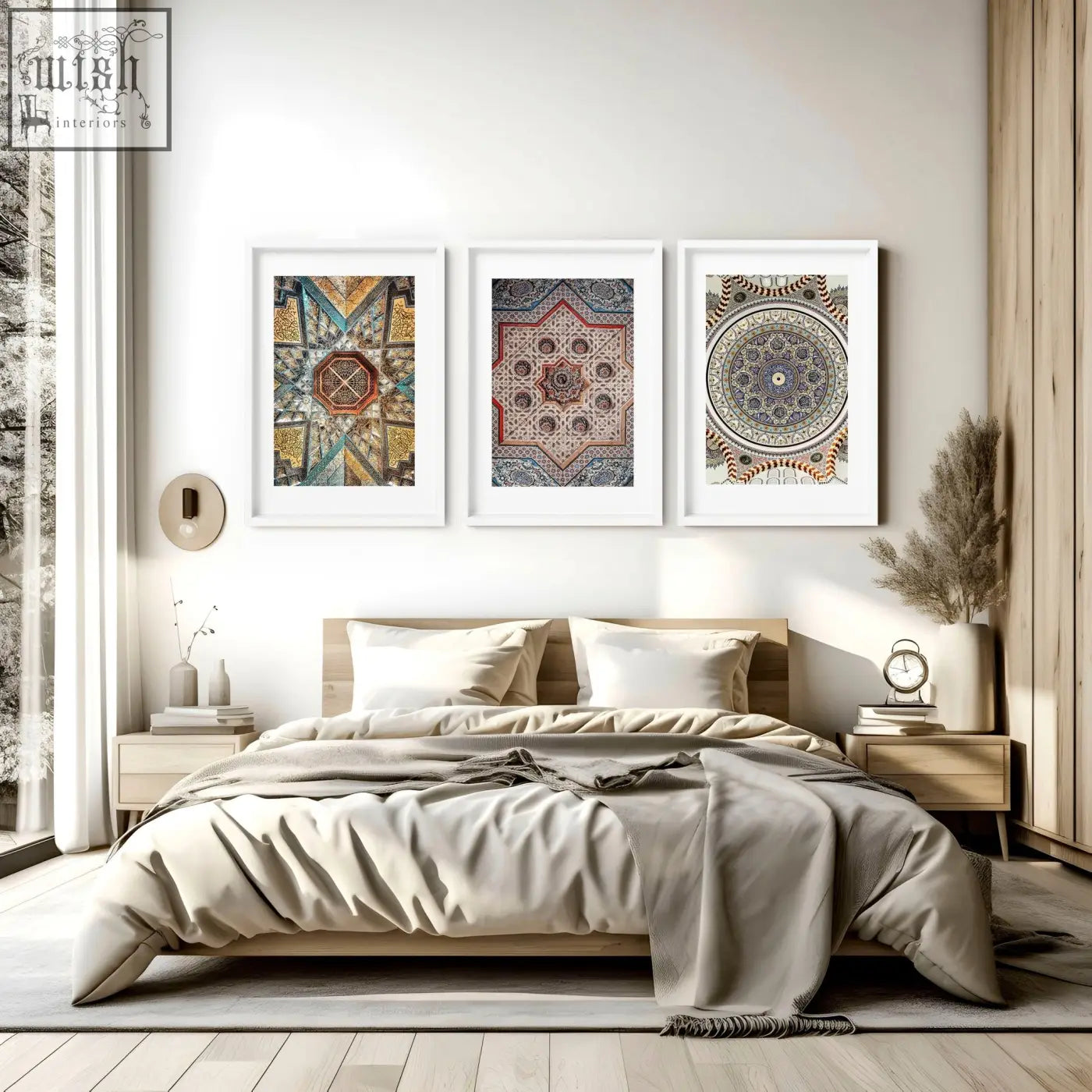 Three white framed art prints featuring intricate geometric patterns perfect for bedroom wall art prints
