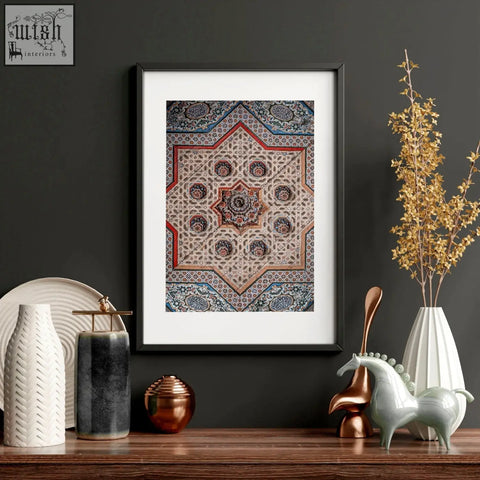 Black-framed art prints with intricate red blue beige and brown geometric patterns perfect for bedroom wall art prints