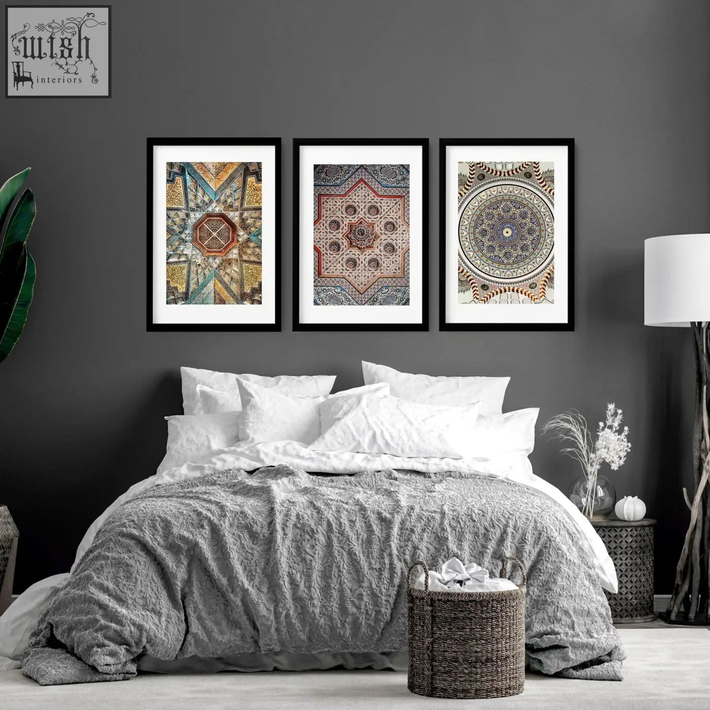 Three framed moroccan tile art prints with geometric patterns in gold red blue and beige perfect wall art prints for bedrooms