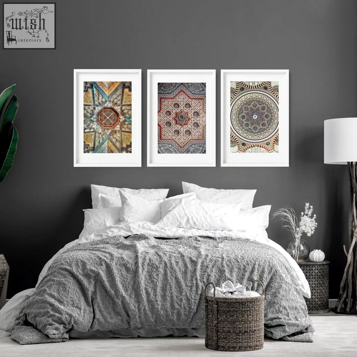 Three framed art prints featuring intricate geometric patterns in earthy gold red blue and beige for bedroom walls