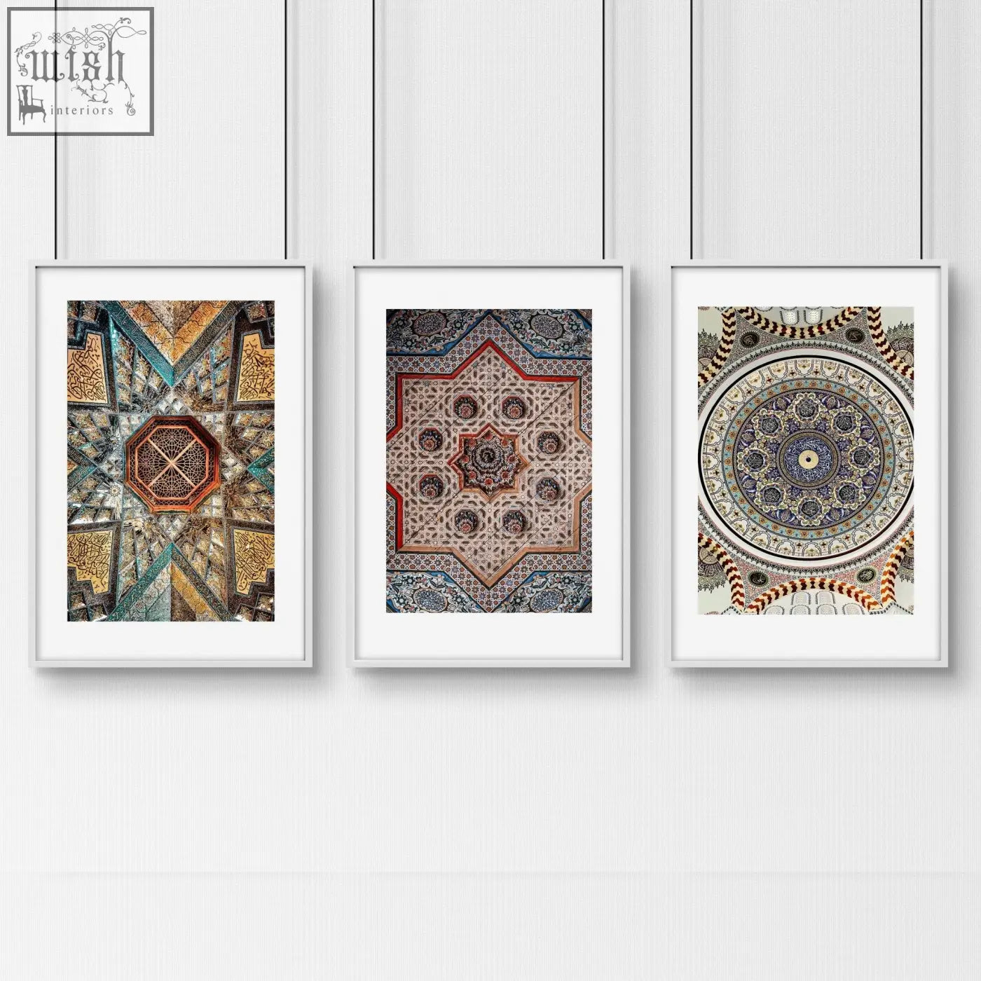 Three colorful geometric patterns art prints in white frames perfect as wall art prints for bedroom walls