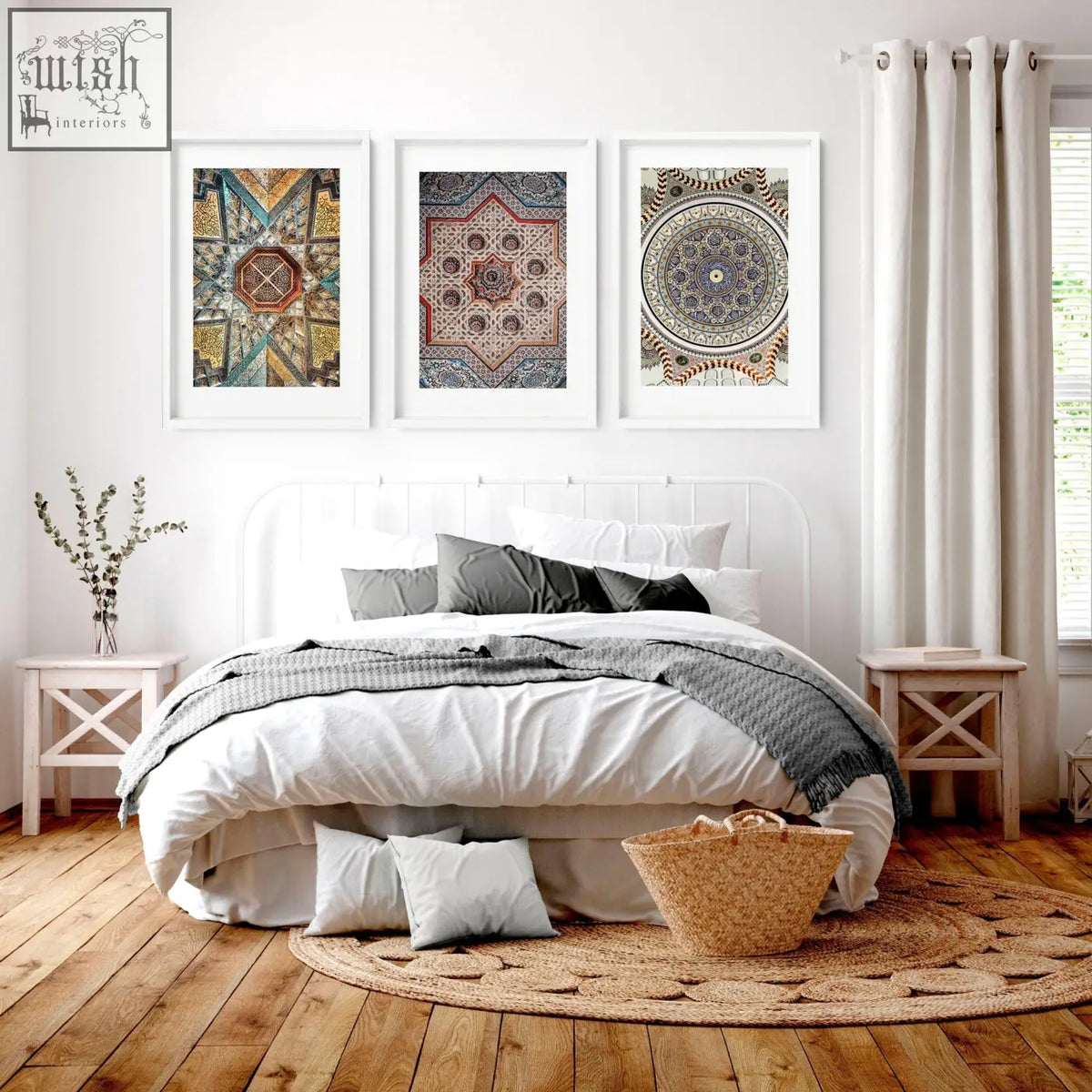 Woven natural fiber basket with a handle featured alongside geometric patterns art prints for bedroom wall art prints