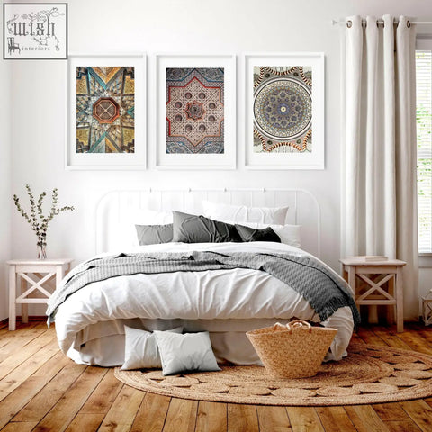 Woven natural fiber basket with a handle featured alongside geometric patterns art prints for bedroom wall art prints