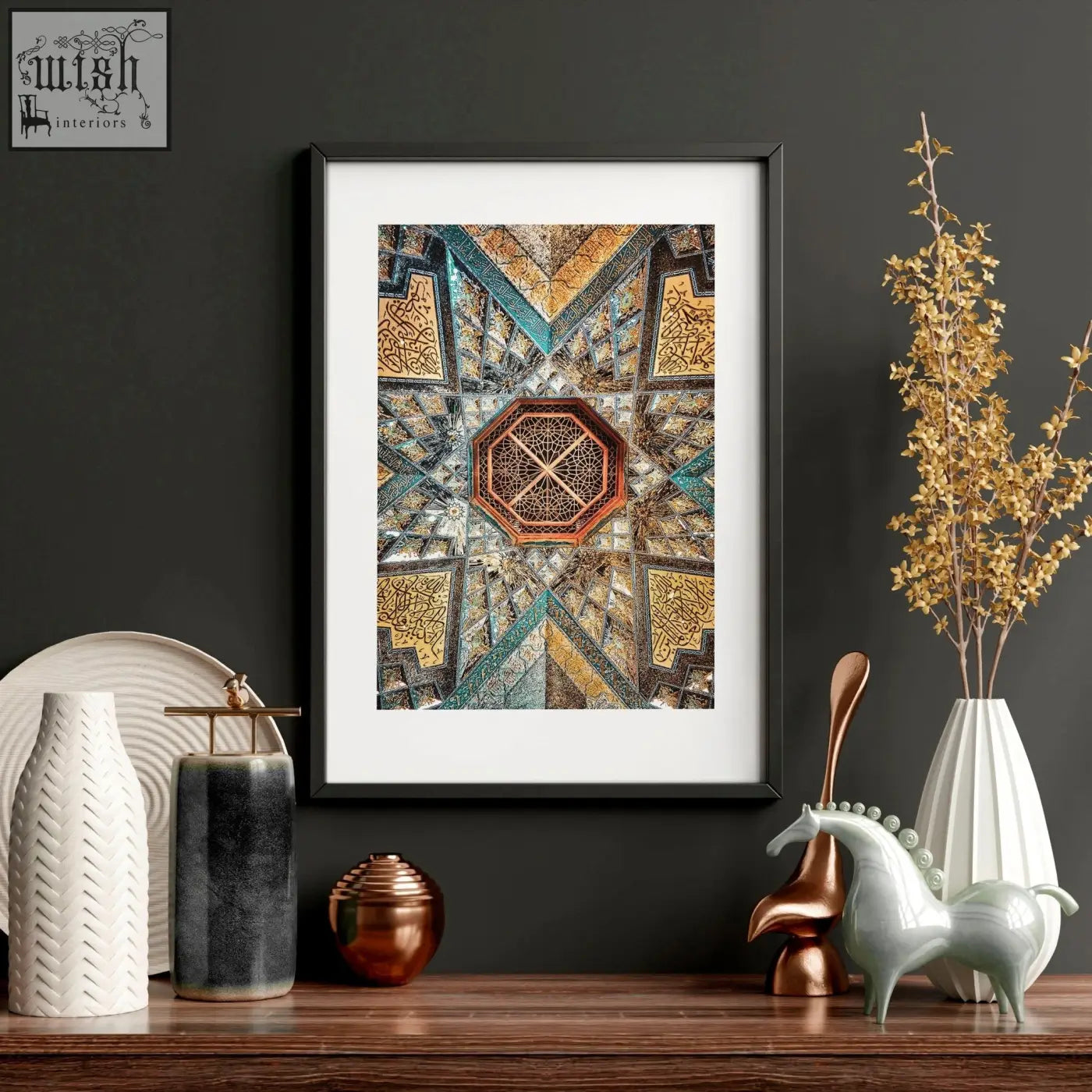 Framed art print featuring geometric patterns with a central orange octagon and gold teal motifs perfect for bedroom walls