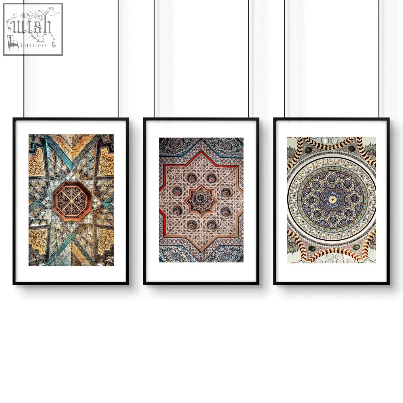 Three black-framed art prints featuring colorful geometric patterns in islamic art perfect for bedroom wall art prints