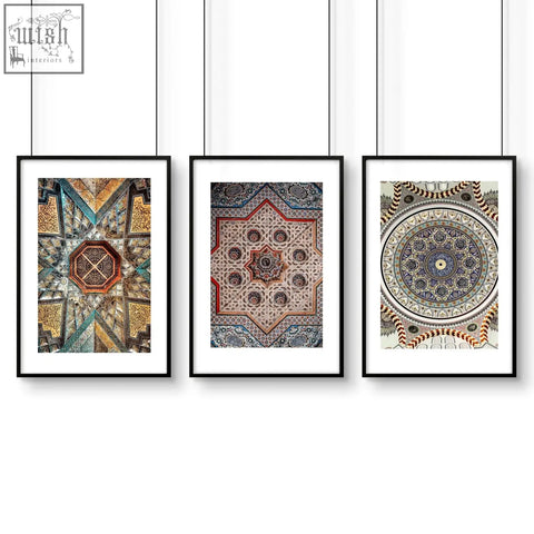 Three black-framed art prints featuring colorful geometric patterns in islamic art perfect for bedroom wall art prints