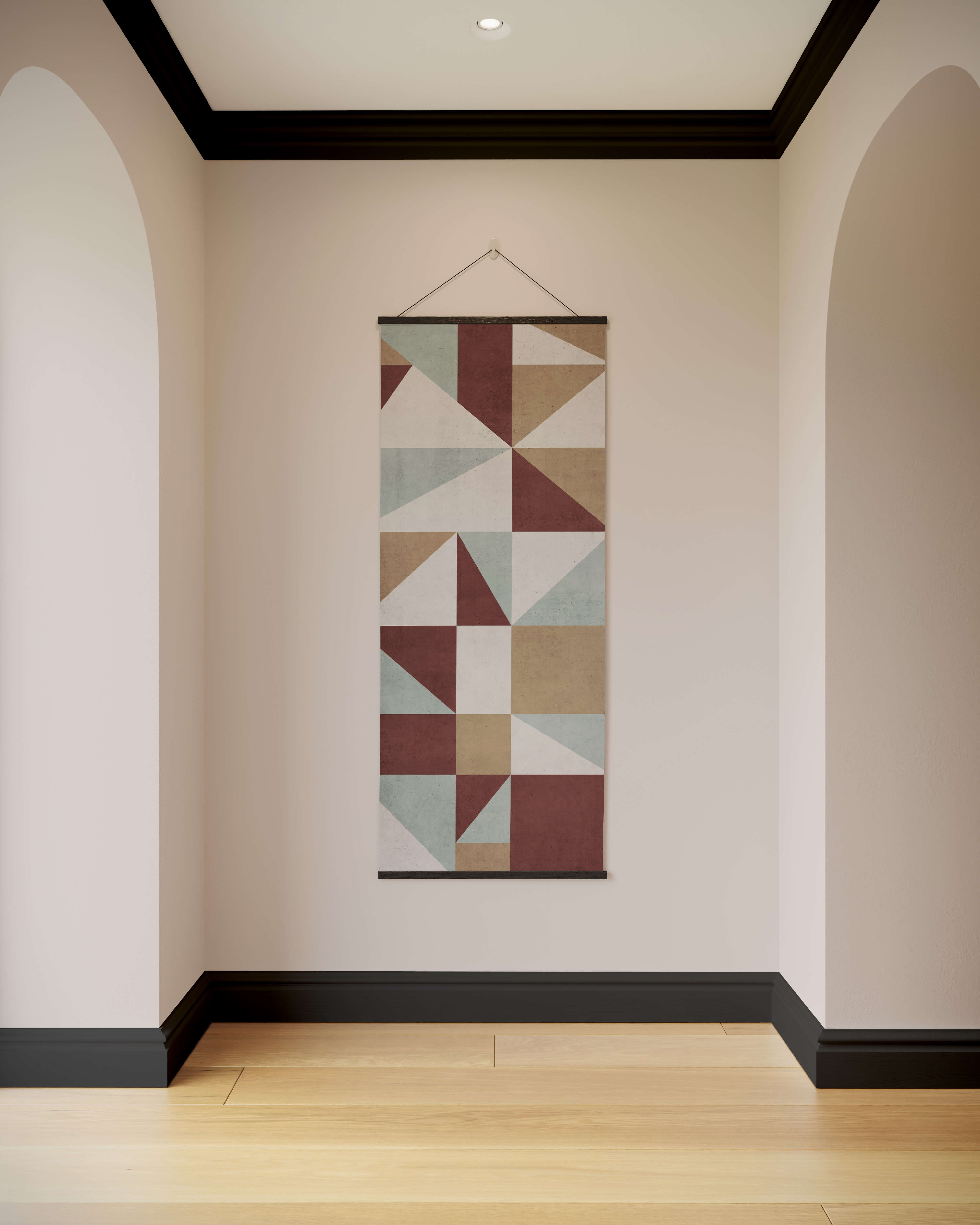 A geometric triangle and square tapestry featuring a modern abstract design in terracotta beige and muted gray tones