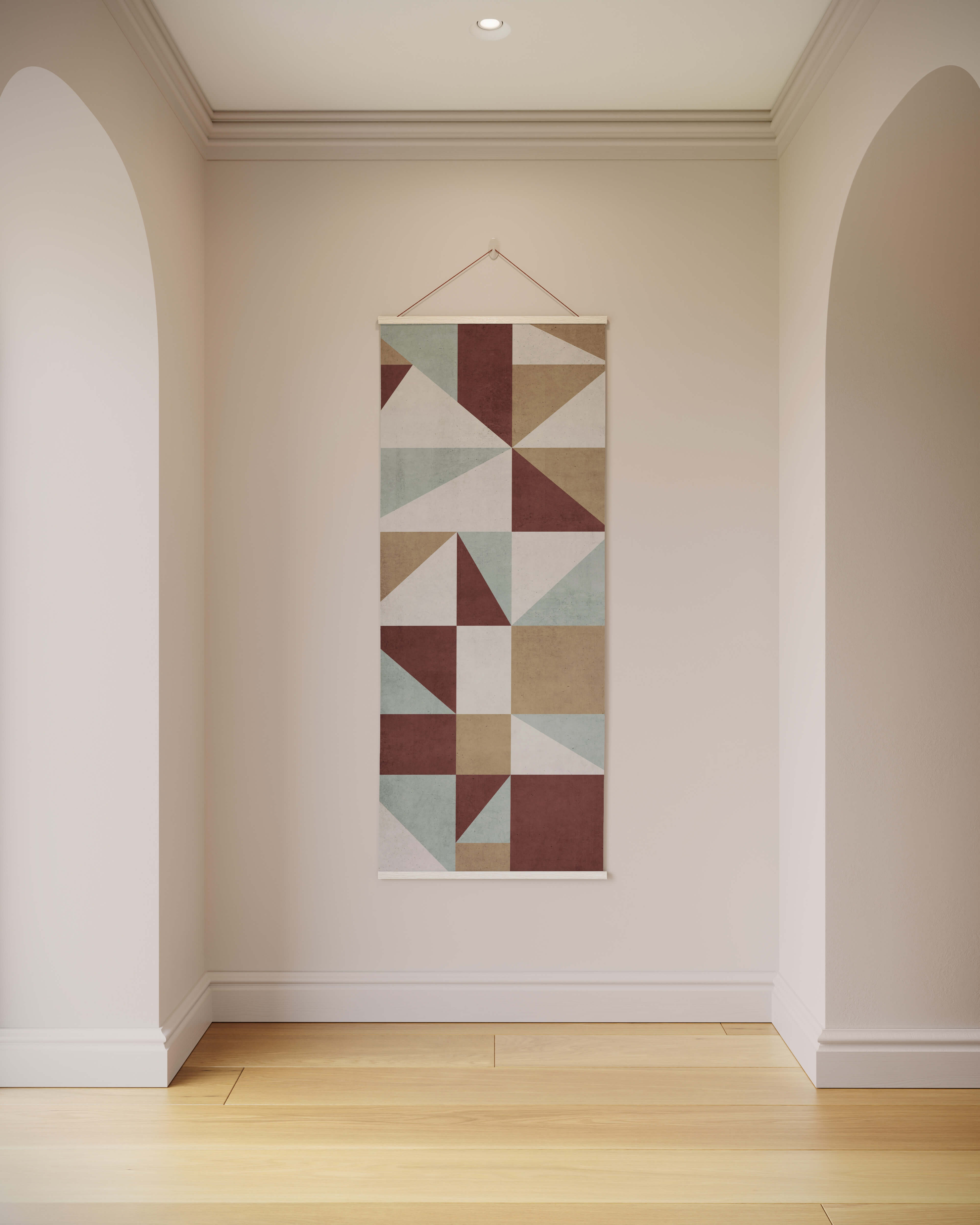 Geometric triangle and square tapestry wall hanging with interlocking triangles in terracotta sage green and beige tones