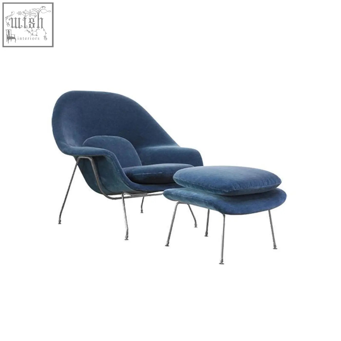 Deep blue velvet george womb chair and footstool with slender chrome legs perfect for stylish lounging