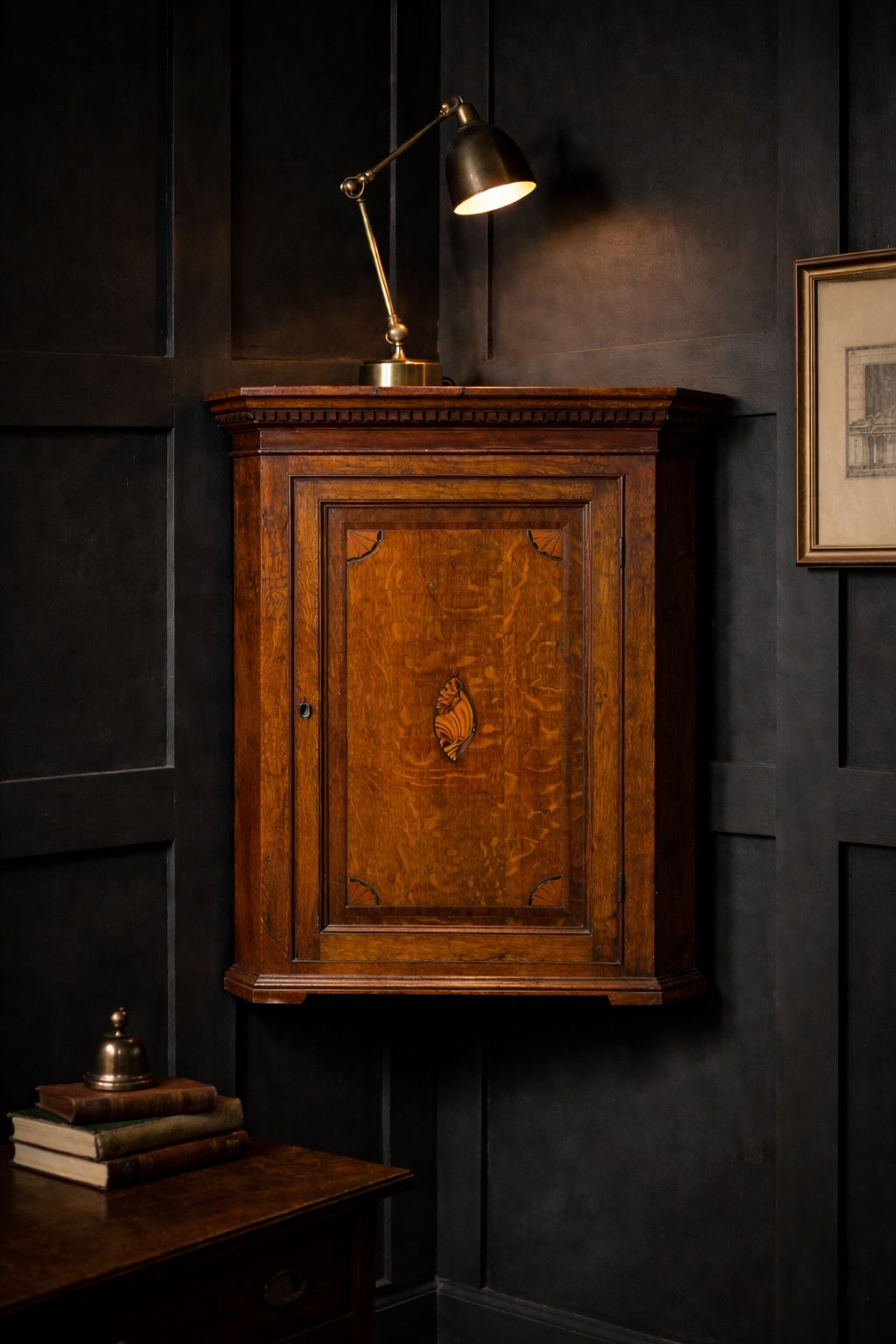 Genuine georgian oak corner cupboard with warm polished finish and intricate inlaid design for hall storage