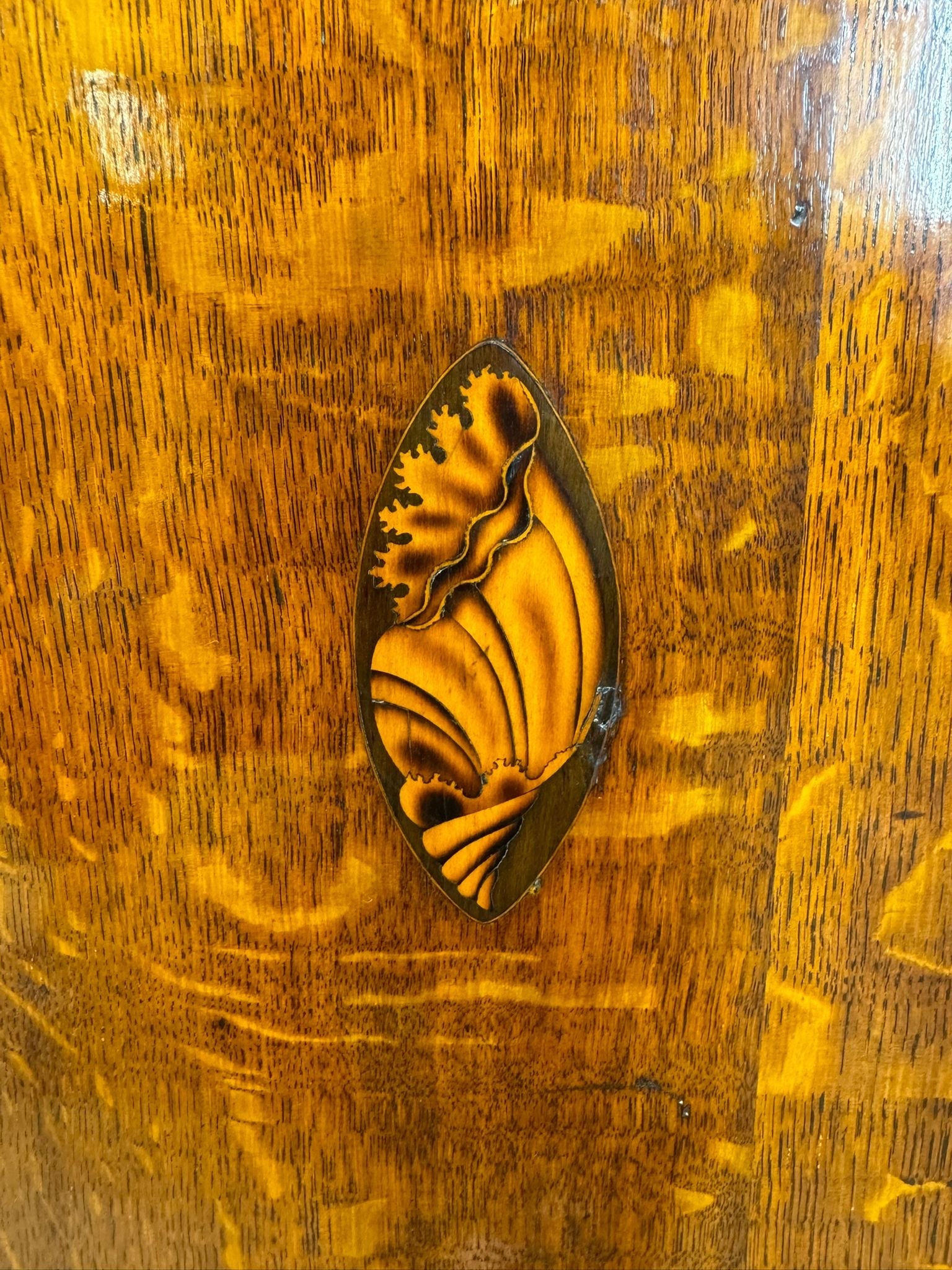A golden carved shell-shaped pull on a genuine georgian oak corner cupboard with rich amber wood grain