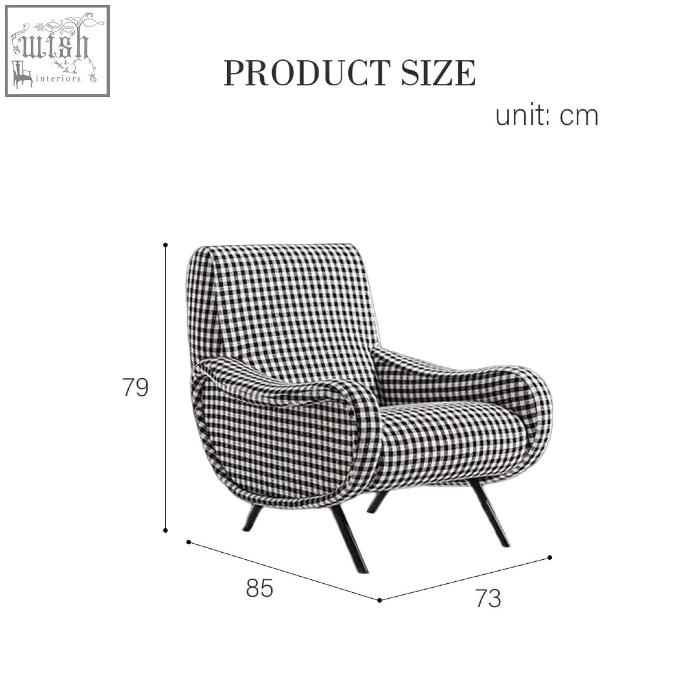 Georgios lounge chair featuring a black and white checkered linen armchair with sleek tapered legs perfect for lounging