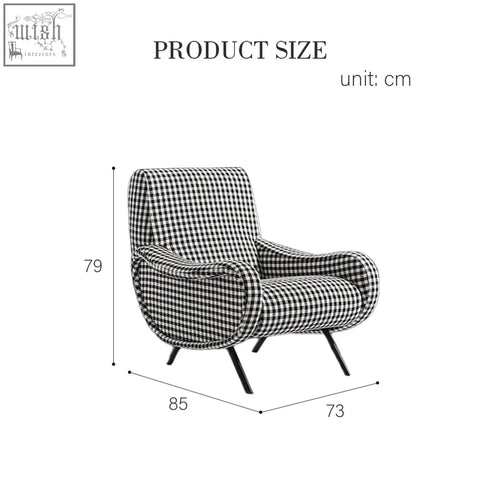 Georgios lounge chair featuring a black and white checkered linen armchair with sleek tapered legs perfect for lounging