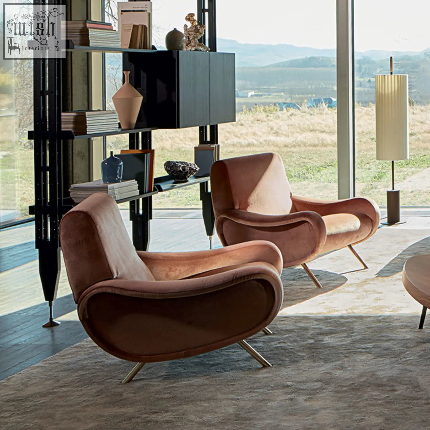 Pair of georgios lounge chairs in dusty rose velvet with sleek chrome legs perfect for stylish living spaces