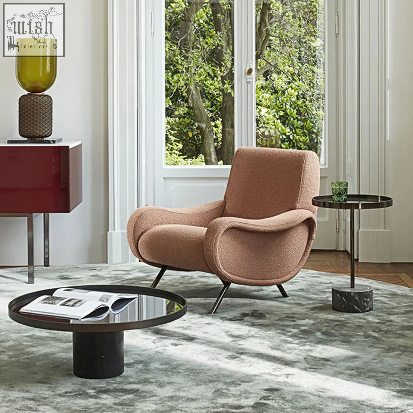 Georgios lounge chair in dusty rose linen with soft textured fabric and sleek black metal legs perfect for lounge chairs