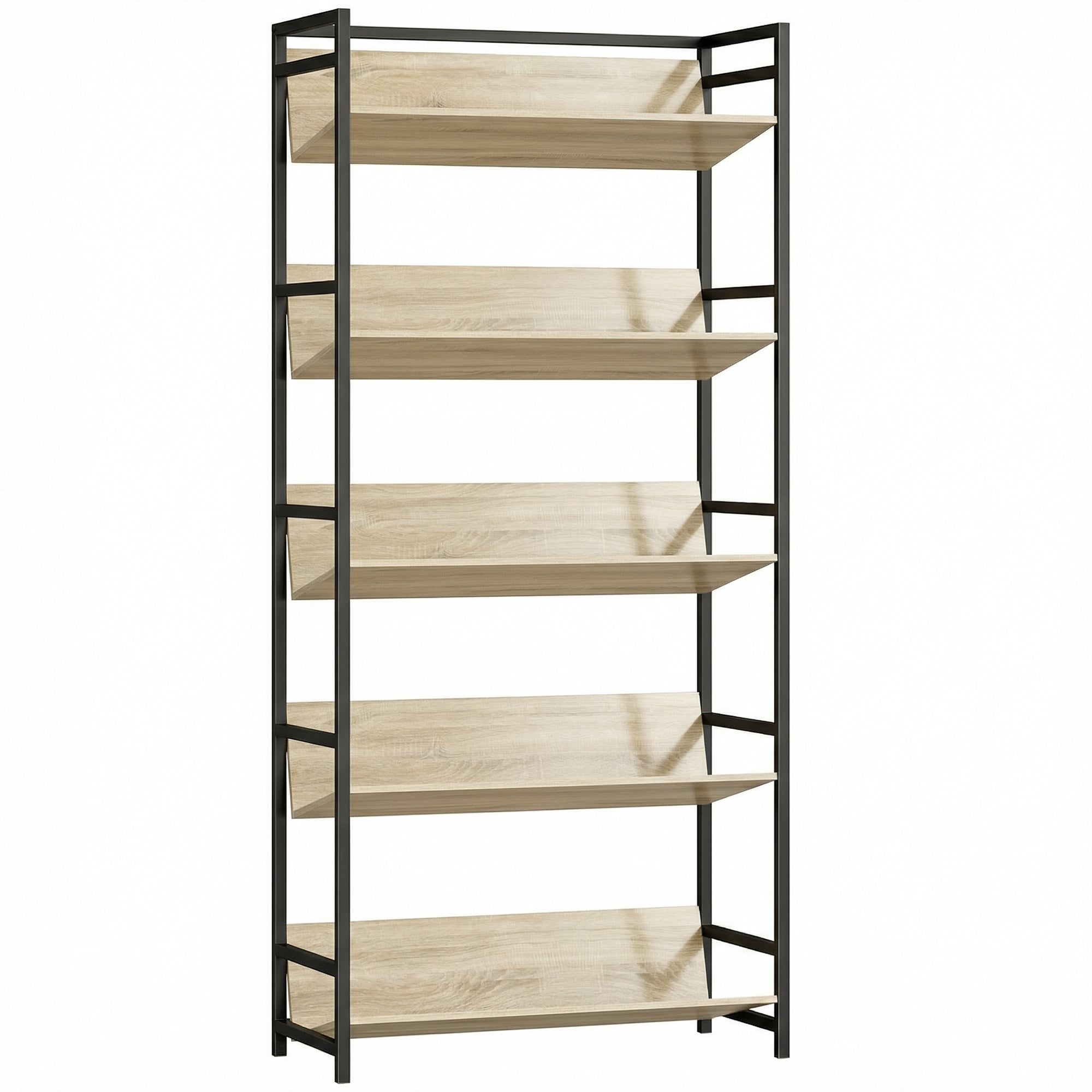 HOMCOM Bookshelf 5-Tier Metal Frame Bookcase Storage Shelves for Living Room Oak