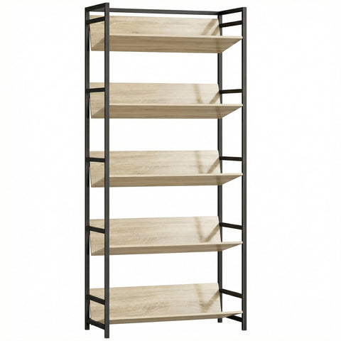 HOMCOM Bookshelf 5-Tier Metal Frame Bookcase Storage Shelves for Living Room Oak