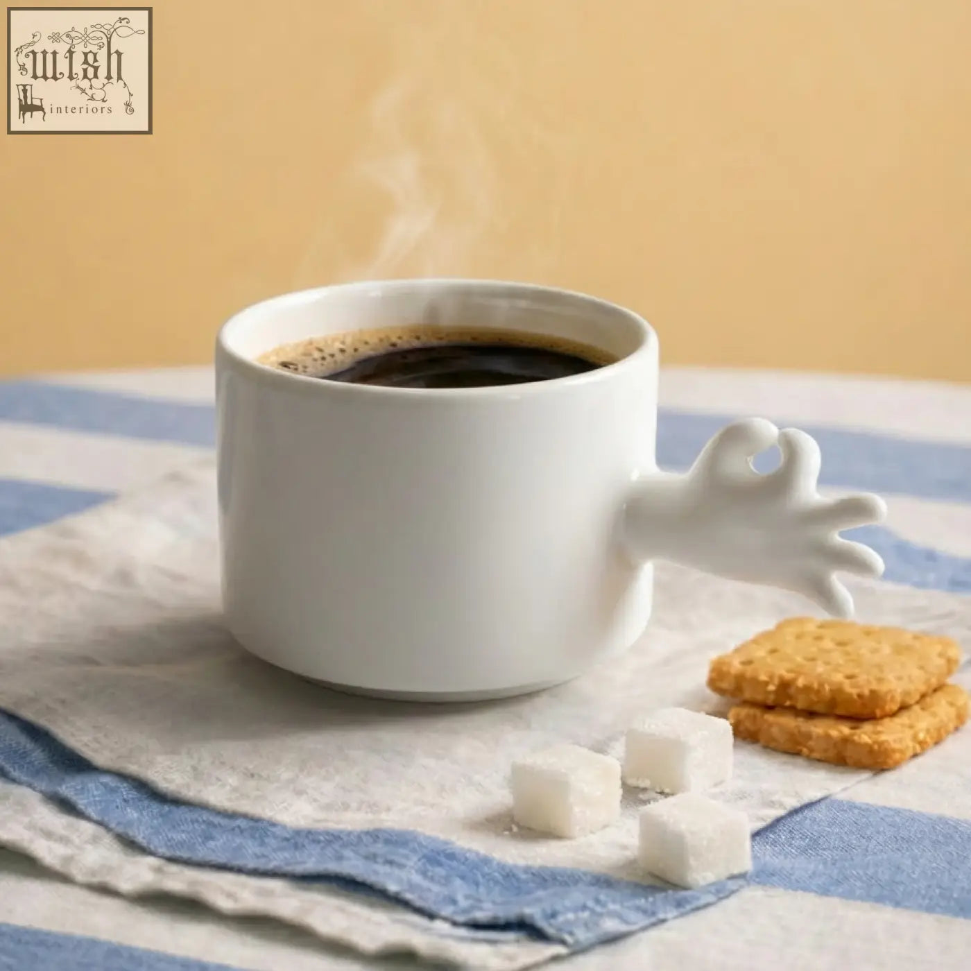 White handmade porcelain Gesture ceramic cup with whimsical hand-shaped handle filled with steaming black coffee from 4am product design cups series