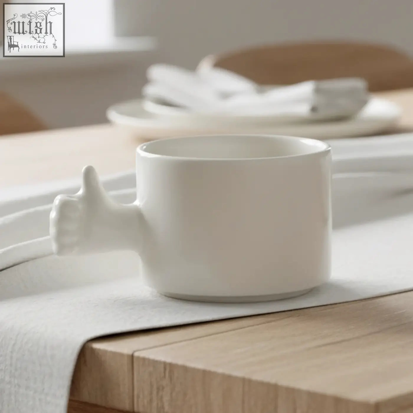 White ceramic mug with a thumb-up handle from 4am product design cups series handmade porcelain coffee cup