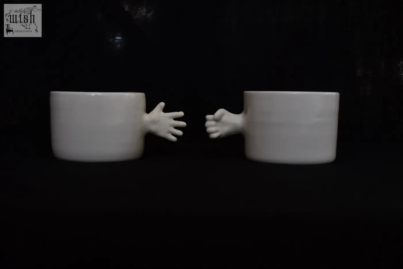 White ceramic gesture ceramic cups with sculpted hands open and fist design handmade porcelain coffee cup 4am product design